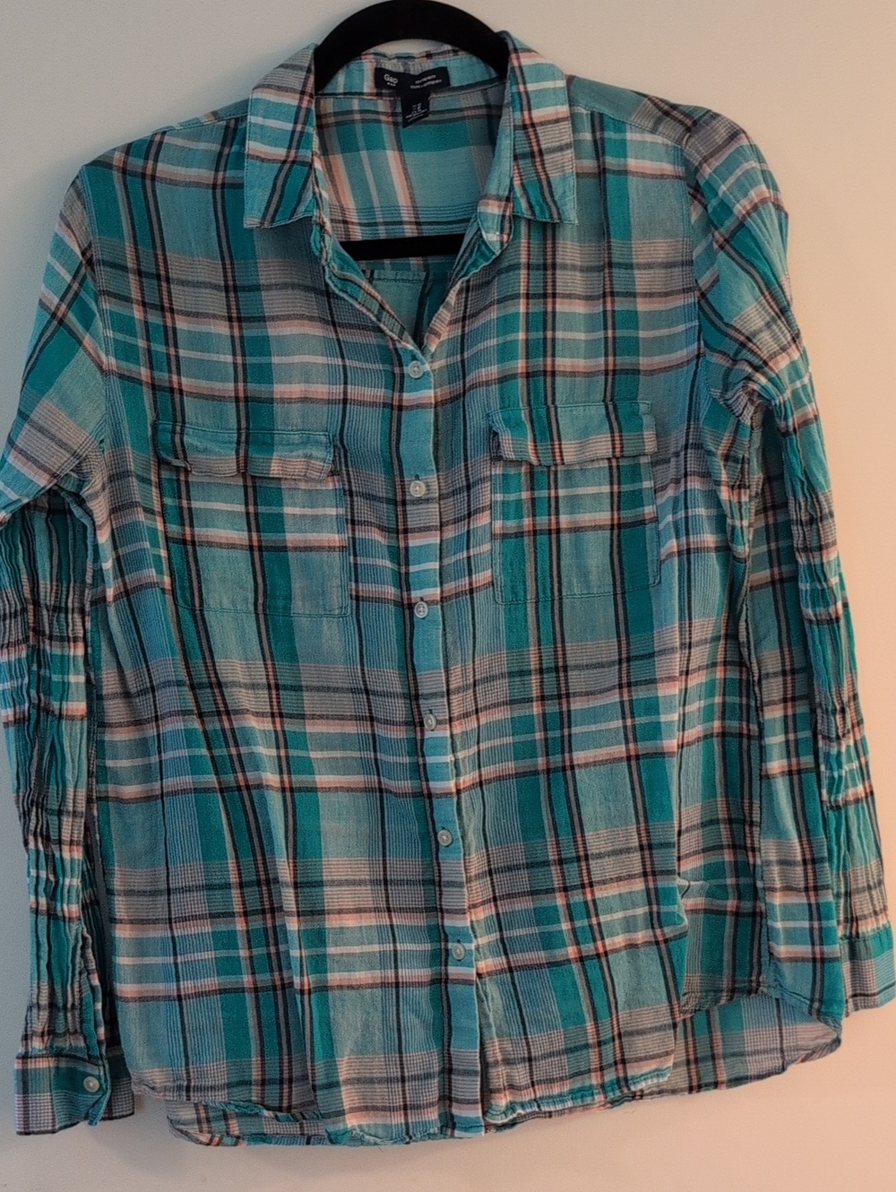 GAP Button Up Shirt‎ Boyfriend Fit Women M Green Multicolor Plaid Sheer
